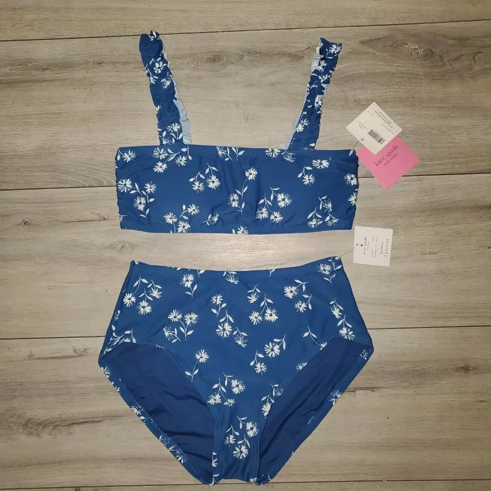 Kate Spade New York Mini Ruffle Square-Neck Floral-Print Bikini Set Size…